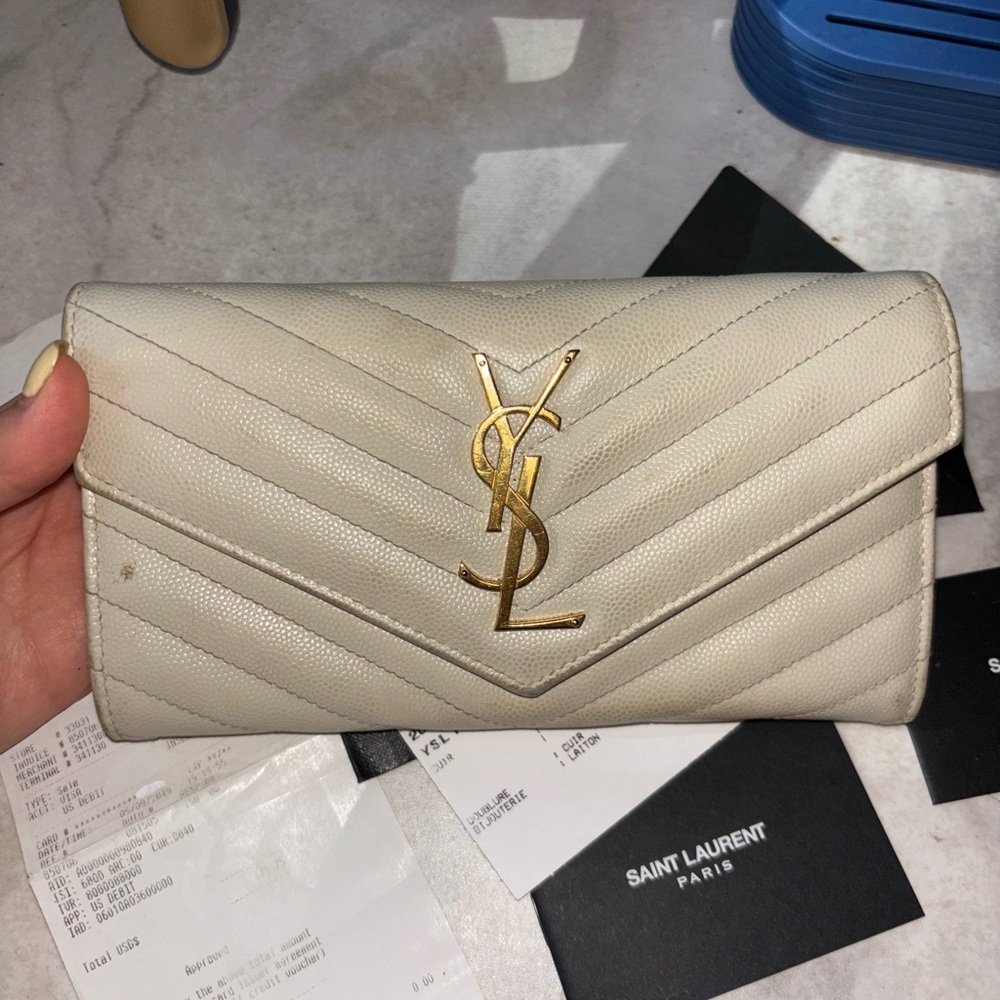 Saint Laurent Ivory Quilted Wallet with Gold Logo